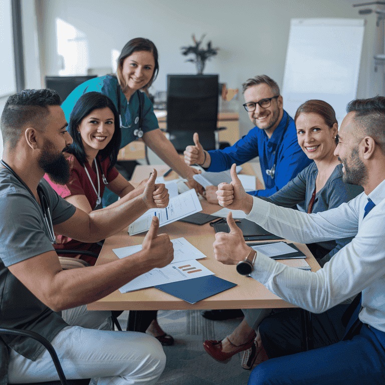 Healthcare professionals reviewing documents and celebrating success, representing the conclusion of effective multi-state practice management.