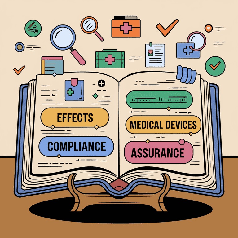 Open glossary book with highlighted medical and compliance terms, symbolizing a comprehensive guide to key terminology.