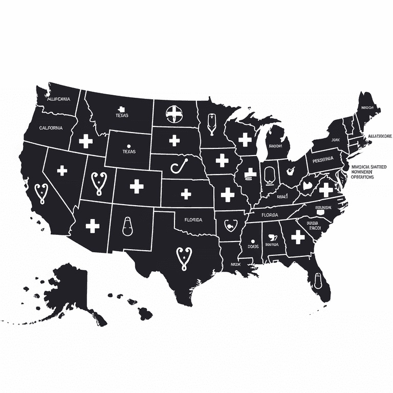Illustration of the United States map with healthcare icons representing multi-state practice management.
