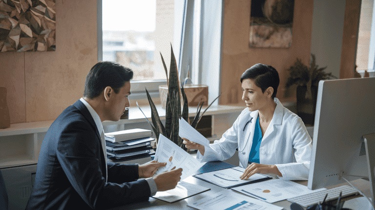 An organized desk with a stethoscope, eyeglasses, and notepad representing the blend of medical and business knowledge.