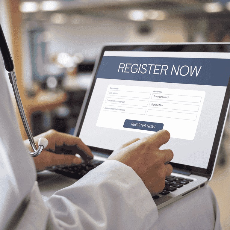 Healthcare professional filling out an online registration form on a laptop, highlighting the call to action to register with ProMed Preferred.