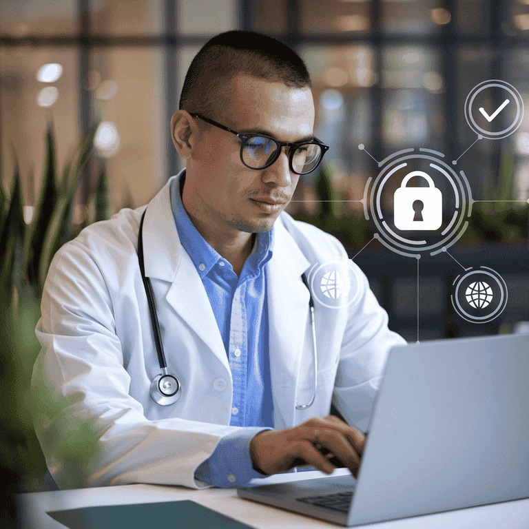 managing multi-state healthcare Doctor conducting a virtual consultation with compliance and secure data icons, highlighting telemedicine compliance protocols.