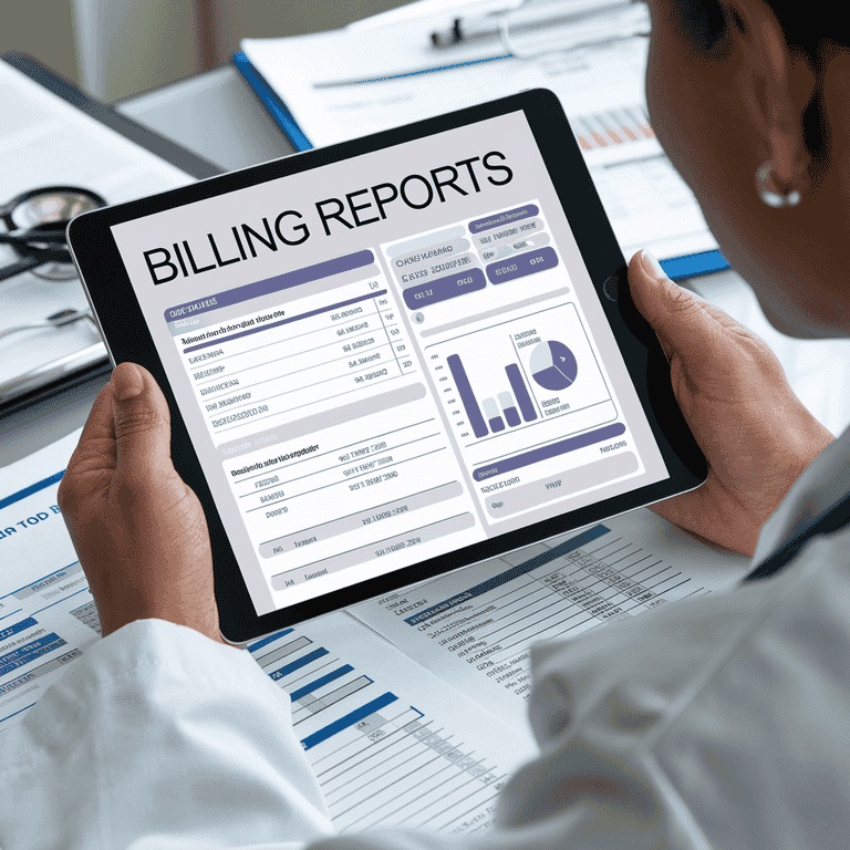 Healthcare professional reviewing telemedicine billing reports and coding documents.