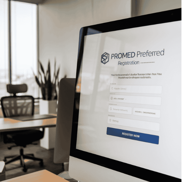 Computer screen displaying ProMed Preferred's registration form with a visible 'Register Now' button.