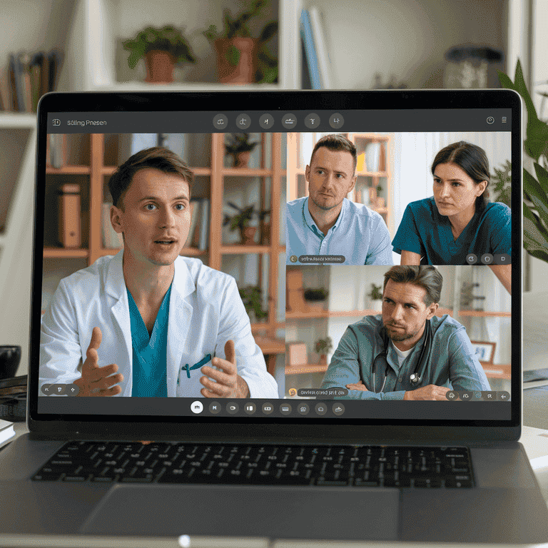 A virtual meeting on a laptop showing a physician explaining medical billing steps to a team, representing collaboration in billing setup.