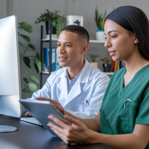 Virtual doctor discussing a PC operating agreements for medical practices over a video call