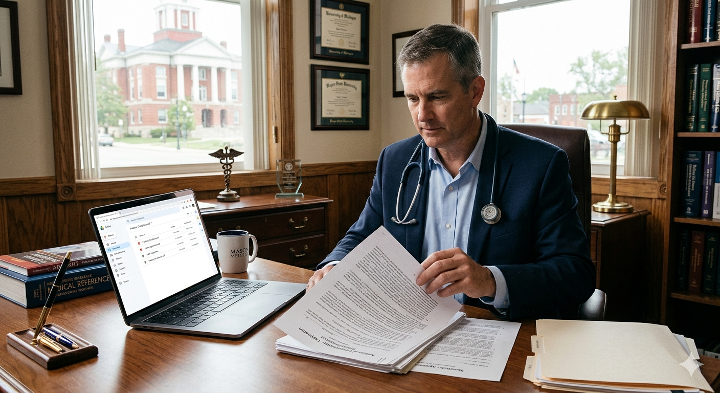 Physician reviewing legal documents on a laptop while establishing a medical practice
