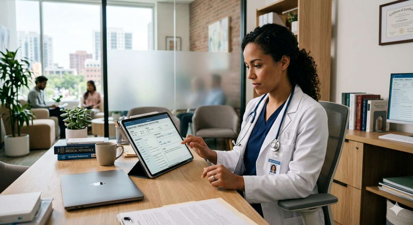 Physician reviewing patient data on a tablet in a contemporary medical office