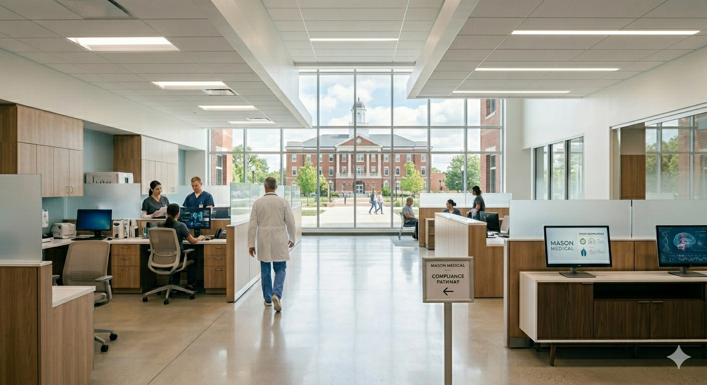 Modern medical office interior showing multiple workstations and a physician navigating the space