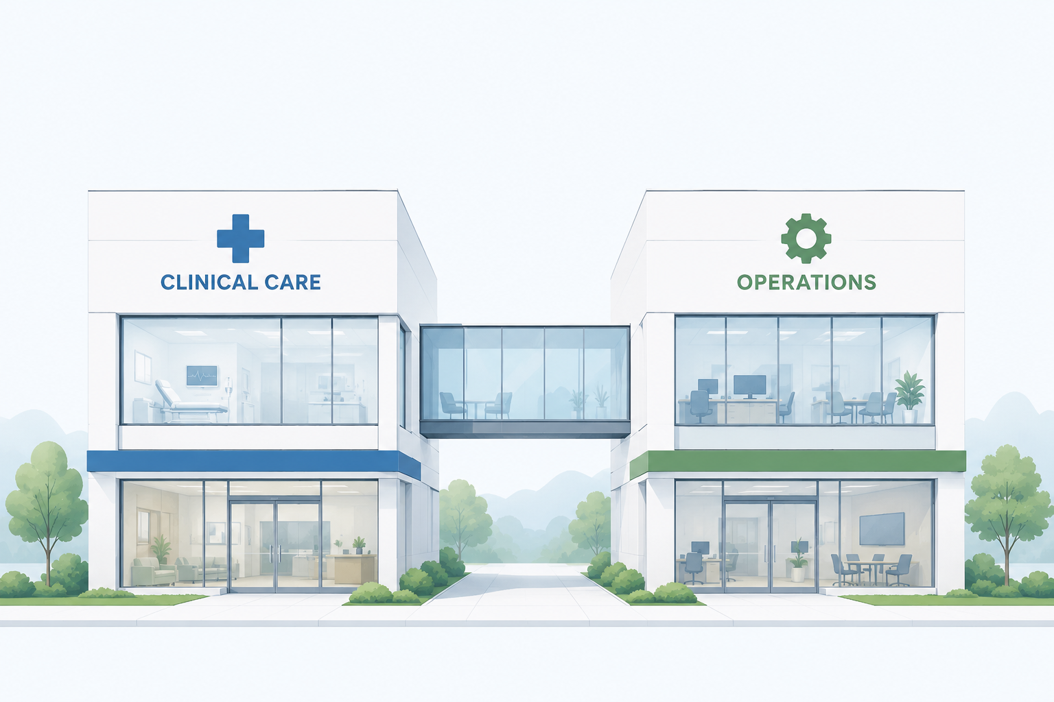 Simple abstract illustration of two connected blocks representing clinical care and healthcare operations separation