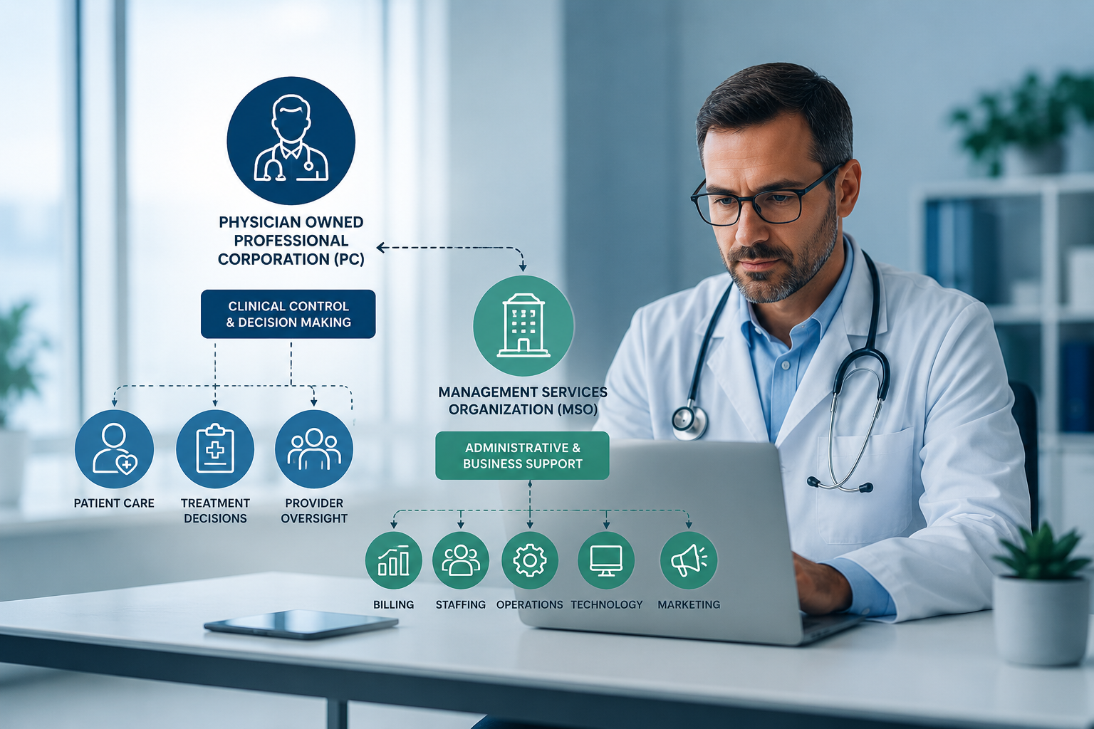 virtual physician reviewing healthcare ownership structure with digital workflow elements representing telehealth medical practice organization