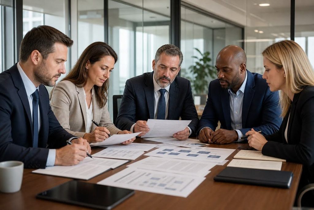 Healthcare business team reviewing a management services agreement
