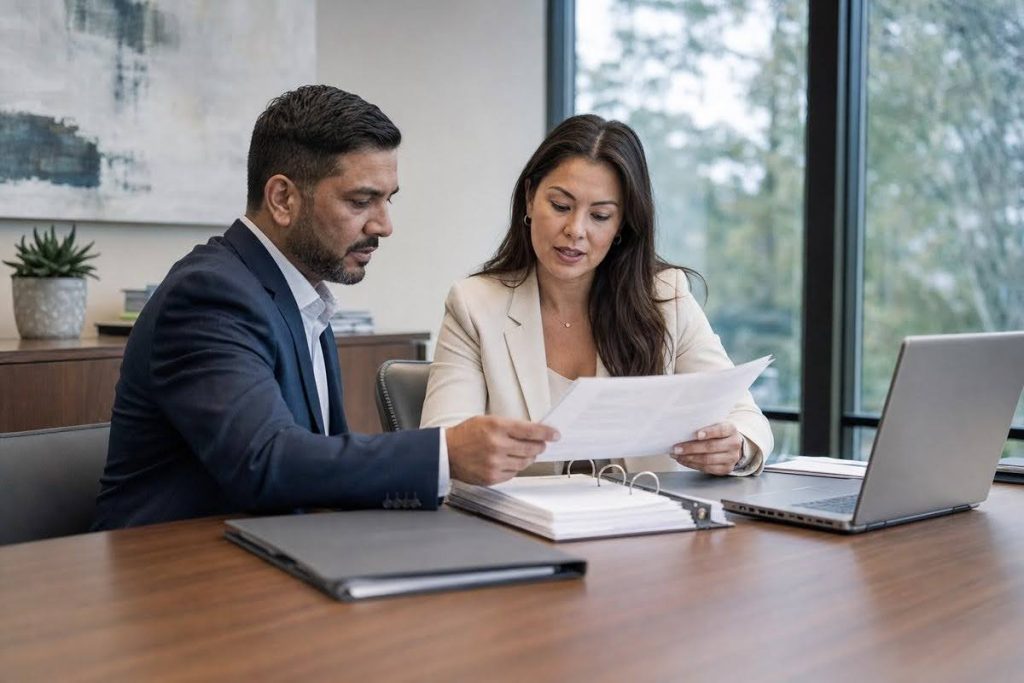MSO executive and physician PC owner reviewing administrative documents