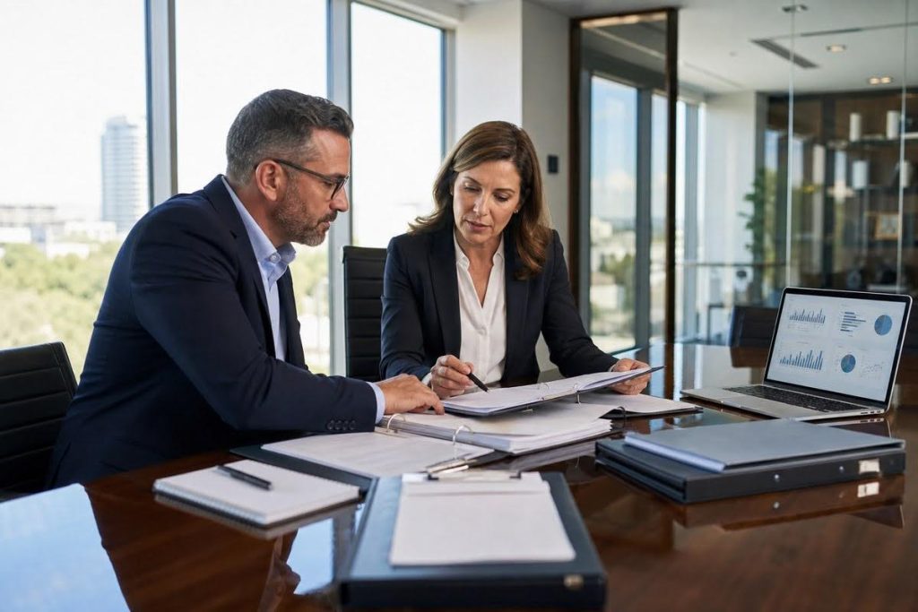 Business professionals reviewing operational control boundaries in a healthcare administration office