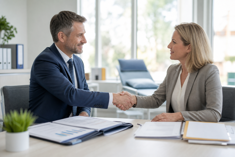 Healthcare business leaders shaking hands after reviewing contract documents