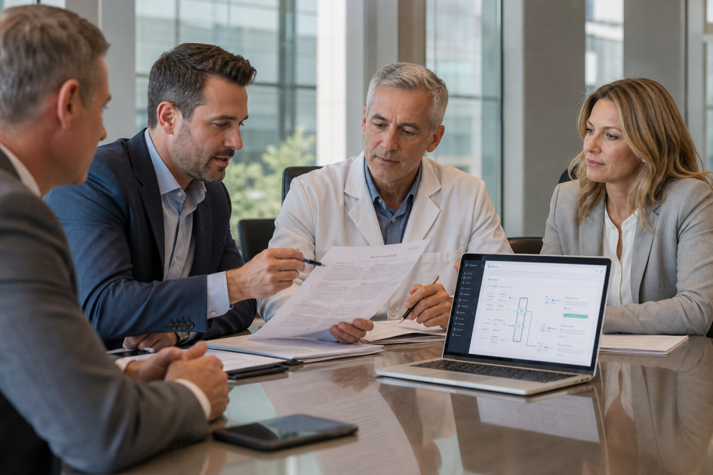 MSO leaders and a physician owner reviewing marked-up medical contract documents