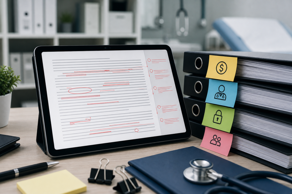 Tablet showing medical contract redlines beside compliance folders and review notes