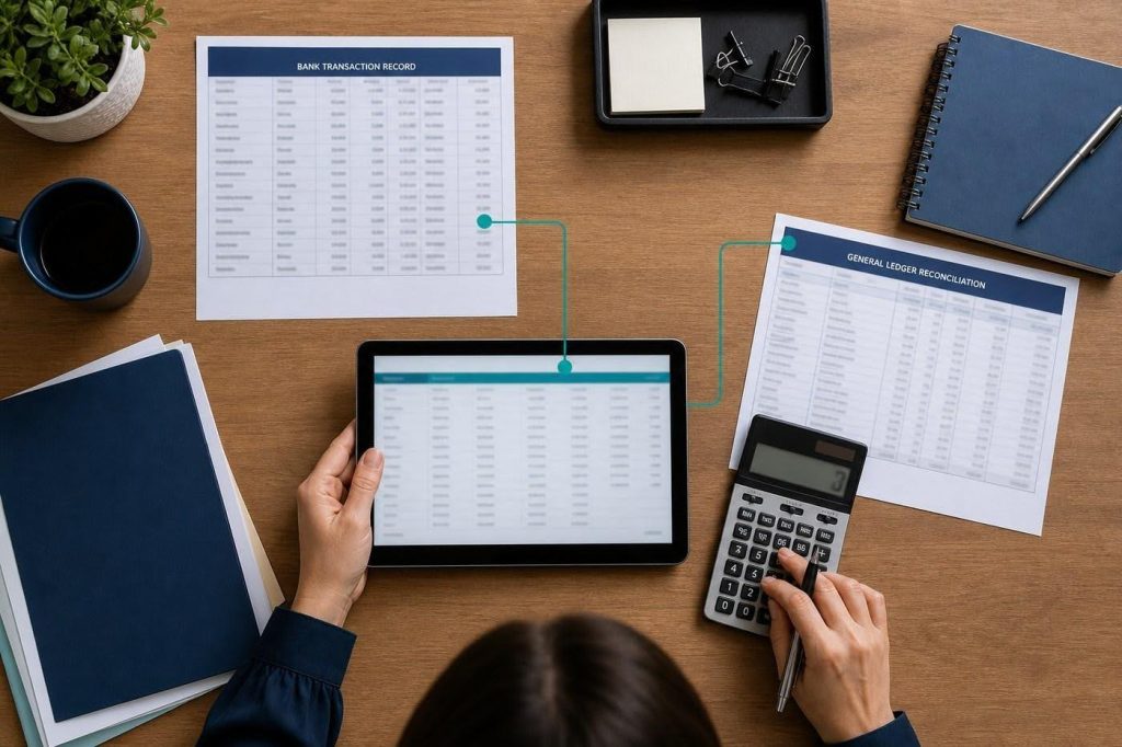 Two professionals reviewing bank transactions, payment details, and accounting records to reconcile financial information.