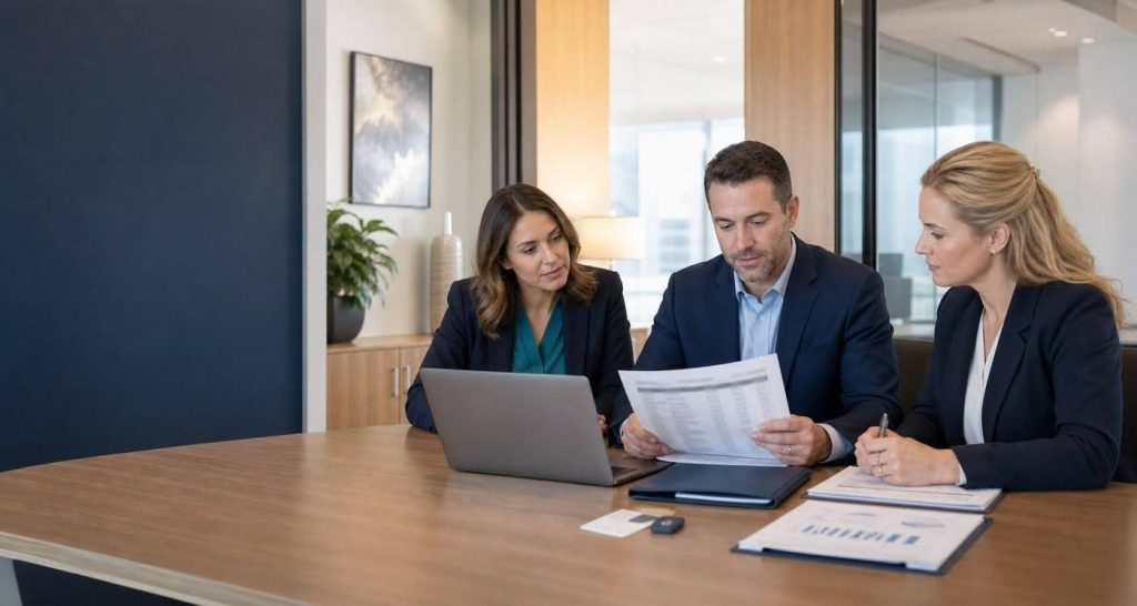 Two professionals reviewing banking responsibilities and assigning financial tasks to specific roles in an office.