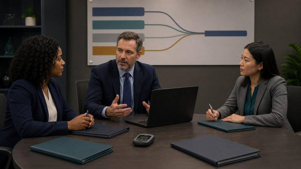 Two professionals coordinating business ownership transition tasks and reviewing documents in an office.