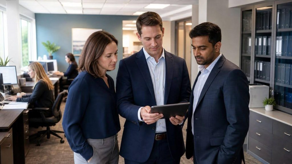 Two professionals reviewing post-transition procedures and verifying operational access in an office.
