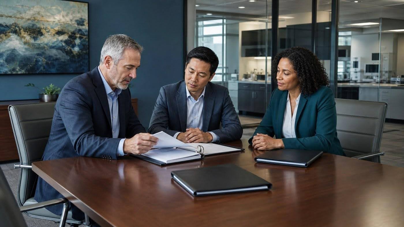 Two professionals reviewing an ownership transition plan together in an office.