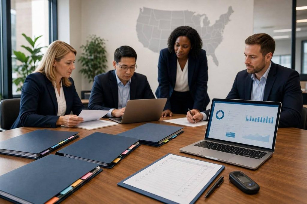 Two professionals reviewing standardized procedures and documenting approved variations in an office.